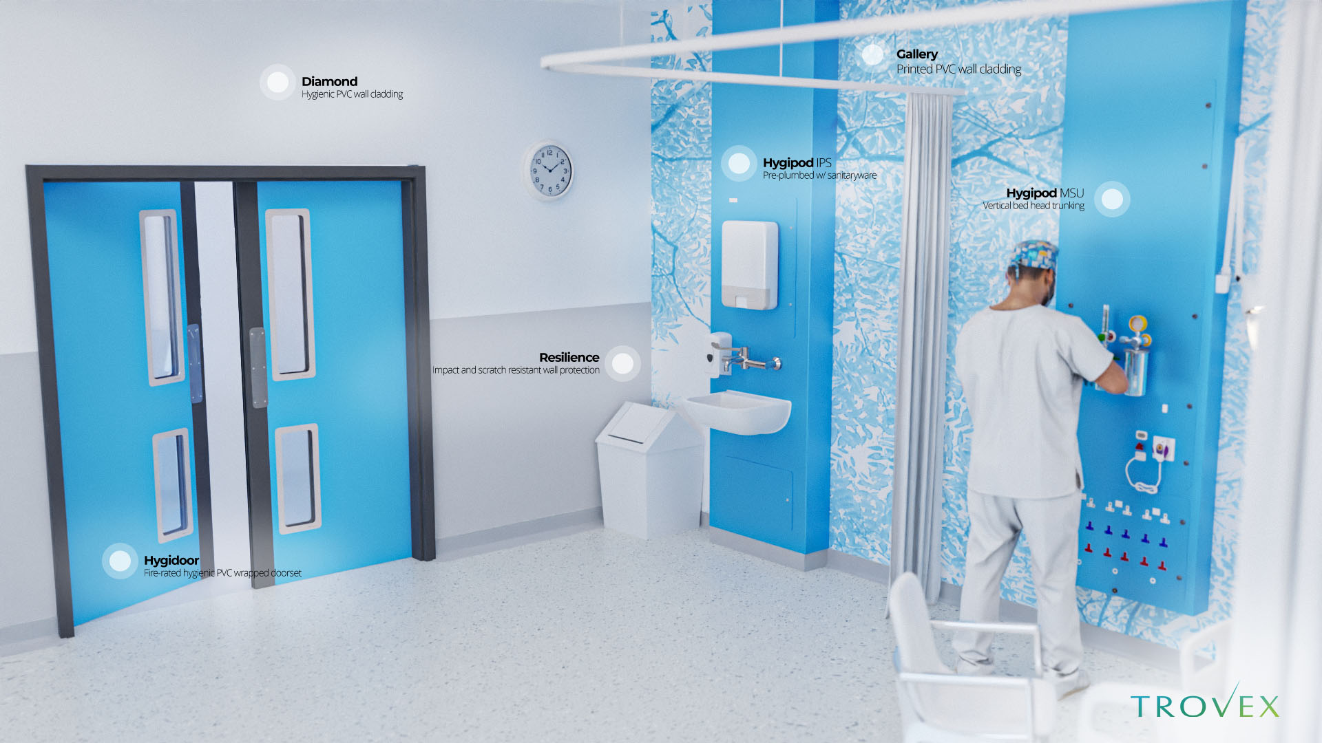 Trovex ward environment featuring Hygipod IPS + Hygidoor + Hygipod MSU + Diamond wall cladding and more Trovex ward environment featuring Hygipod IPS + Hygidoor + Hygipod MSU + Diamond wall cladding and more